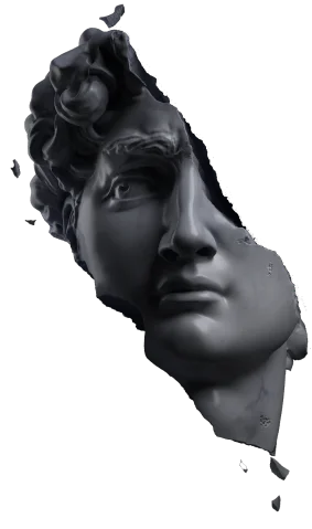 Fragmented marble sculpture bust of David in a dramatic composition